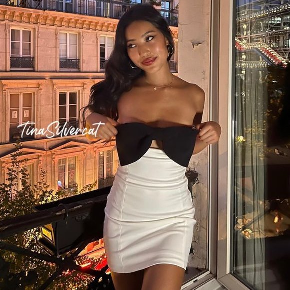 BLOGGER'S FAVE! Zara Strapless Bow Mini Dress White Black NWT - Picture 3 of 17